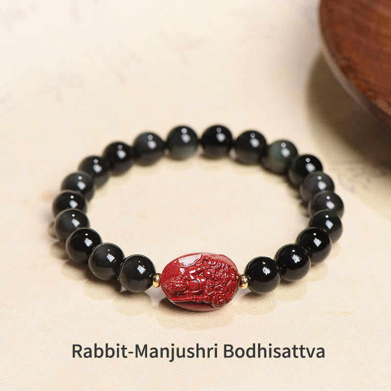 Bracelet de purification en obsidienne noire naturelle et cinabre avec Buddha Stones et zodiaque chinois