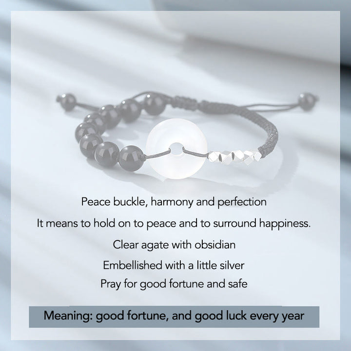 Bracelet de force en argent sterling 925 avec boucle de paix et agate obsidienne noire de Buddha Stones