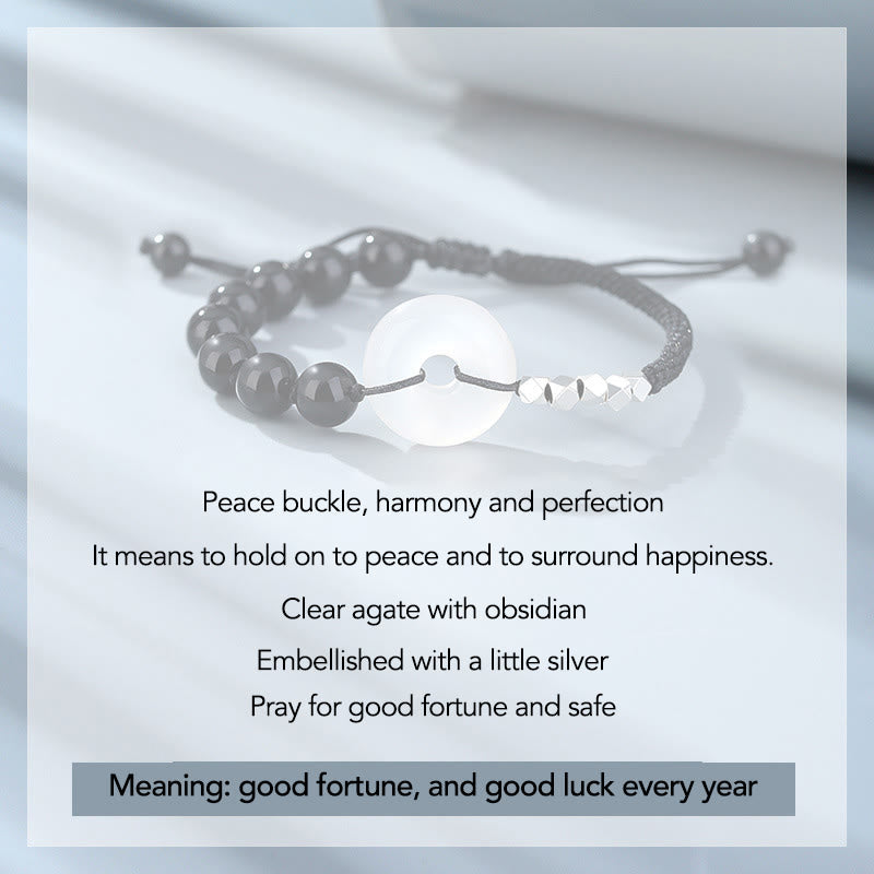 Bracelet de force en argent sterling 925 avec boucle de paix et agate obsidienne noire de Buddha Stones