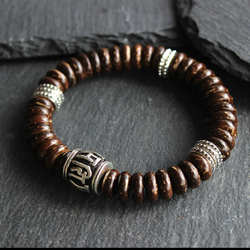 Bracelet Buddha Stones en coquille de noix de coco tibétaine naturelle Om Mani Padme Hum positif
