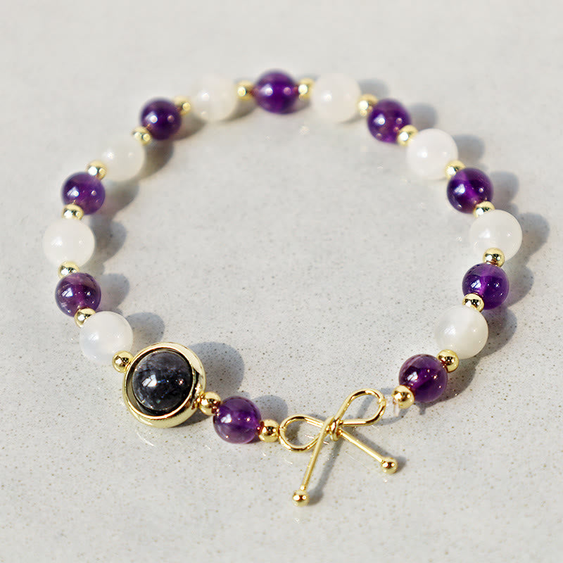 Bracelet de perles spirituelles en quartz rutile noir et améthyste œil de chat - Améthyste et œil de chat - image 1