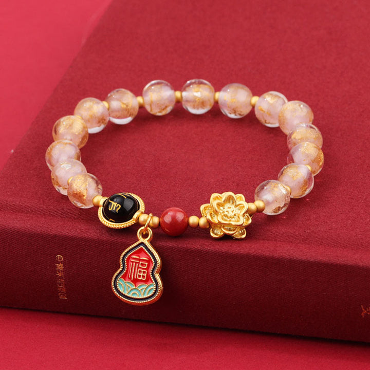 Bracelet porte-bonheur en perles de verre avec breloque en forme de gourde et de lotus Liuli, Buddha Stones tibétaines Om Mani Padme Hum Fu