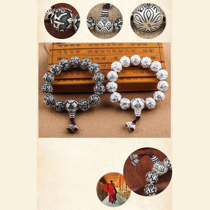 Bracelet amulette en perles en alliage sculptées avec Buddha Stones tibétaines Om Mani Padme Hum