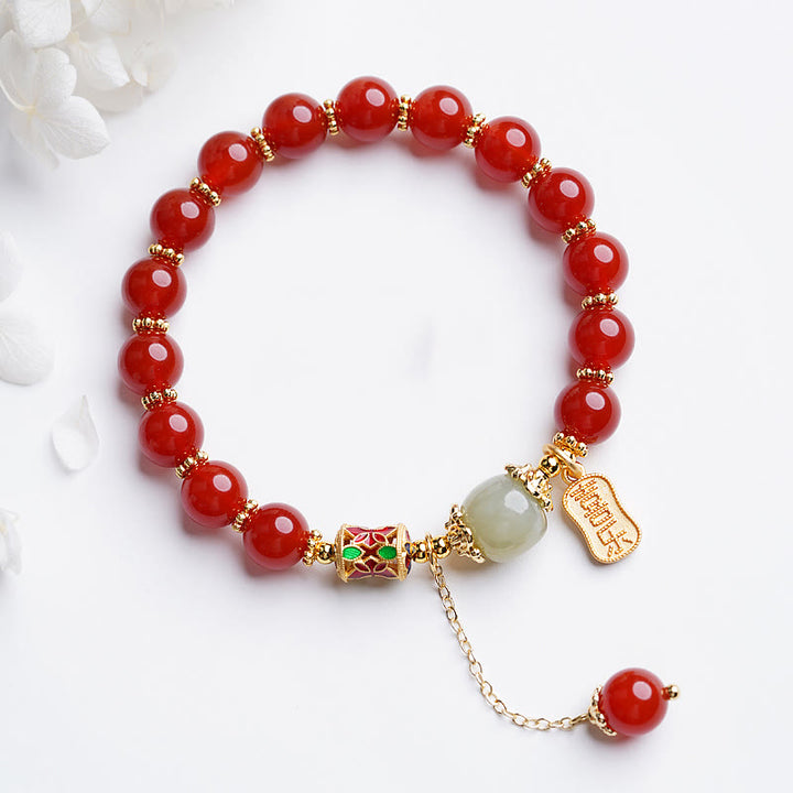 Bracelet à breloques en jade Hetian rouge naturel avec Buddha Stones et caractère Fu