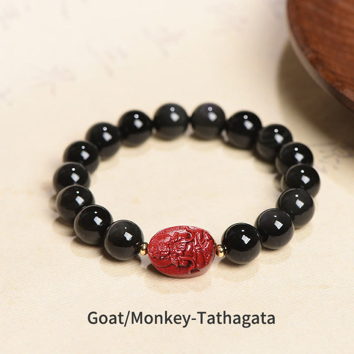 Bracelet de purification en obsidienne noire naturelle et cinabre avec Buddha Stones et zodiaque chinois