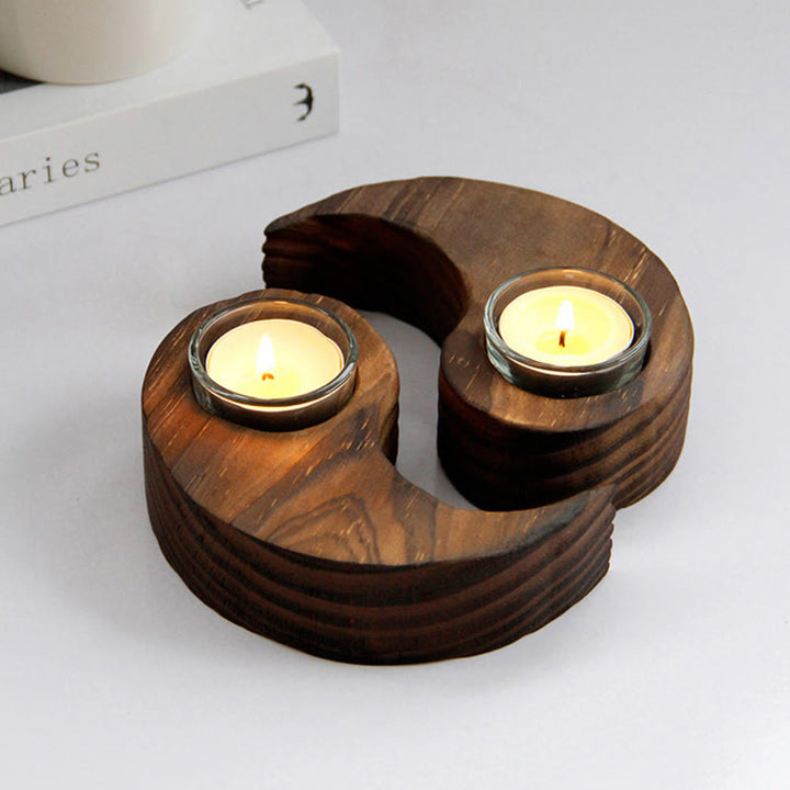 Bougeoir en bois avec Buddha Stones Yin Yang pour rituels de méditation