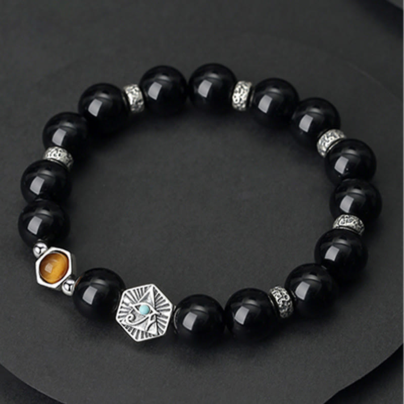 Bracelet de purification en argent sterling 925 avec Buddha Stones noire et œil de tigre de la Providence