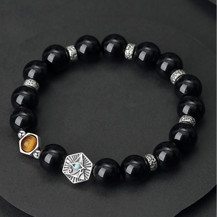 Bracelet de purification en argent sterling 925 avec Buddha Stones noire et œil de tigre de la Providence
