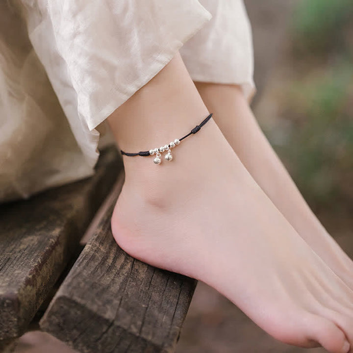 Bracelet de cheville en argent sterling 925 avec breloque en forme de cloche tressée rouge et Buddha Stones
