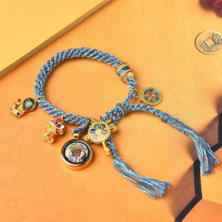Bracelet tressé en corde avec roue de prière porte-bonheur Thangka Tibétain Zakiram Déesse de la richesse