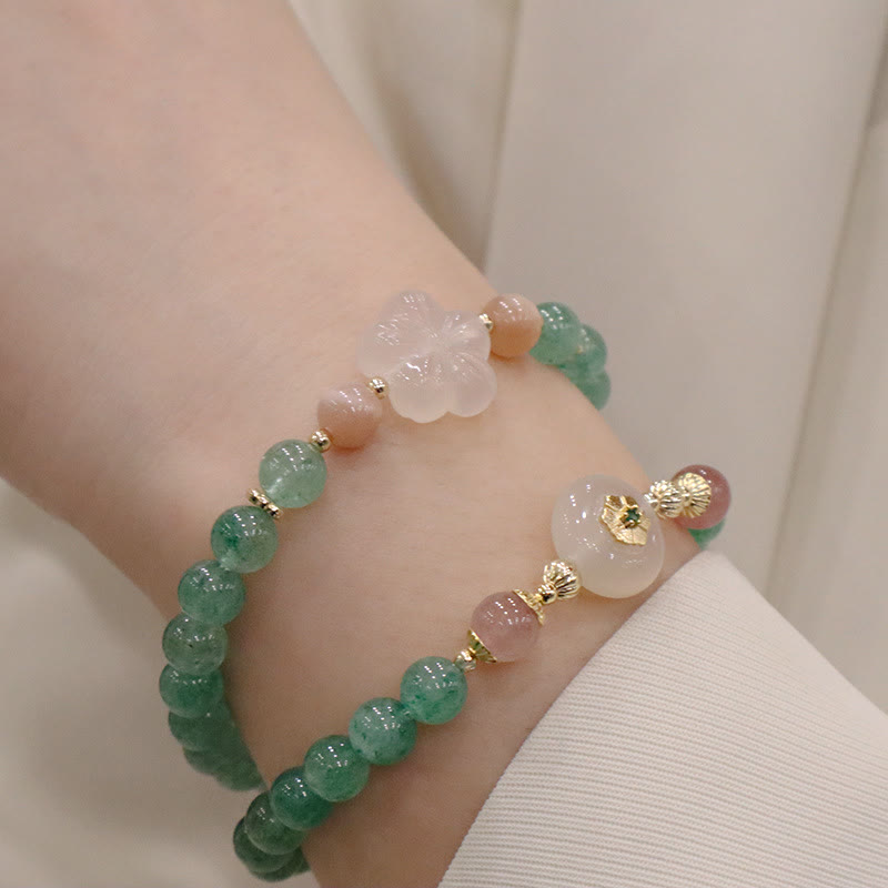Bracelet de gratitude en Buddha Stones en quartz fraise vert naturel et calcédoine