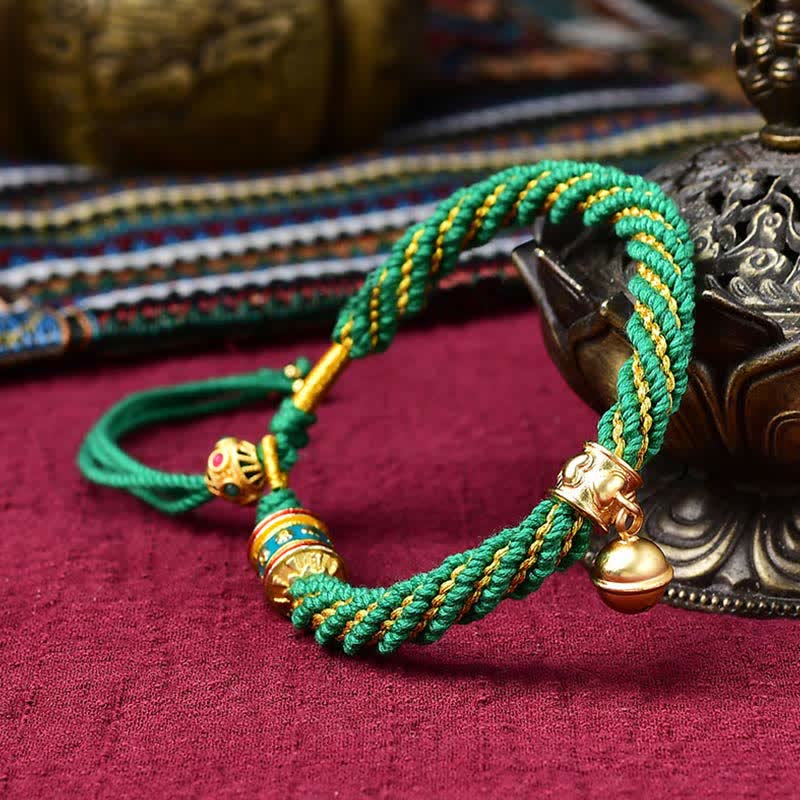Bracelet tibétain fait main avec breloque en corde tressée et roue de prière Thangka pour protection de la chance