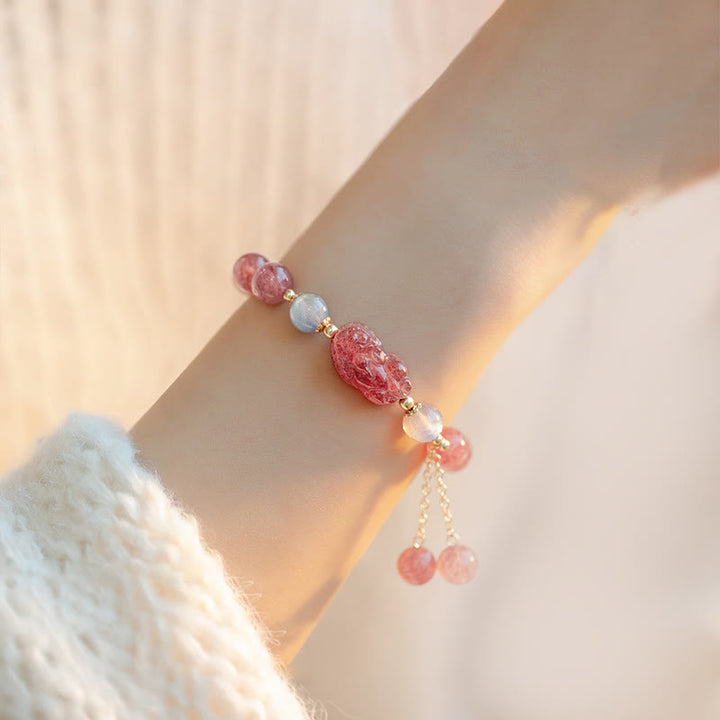 Bracelet de guérison d'amour PiXiu en pierre de lune et quartz fraise naturel Buddha Stones