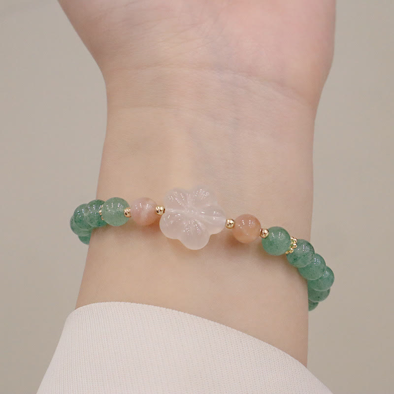 Bracelet de gratitude en Buddha Stones en quartz fraise vert naturel et calcédoine