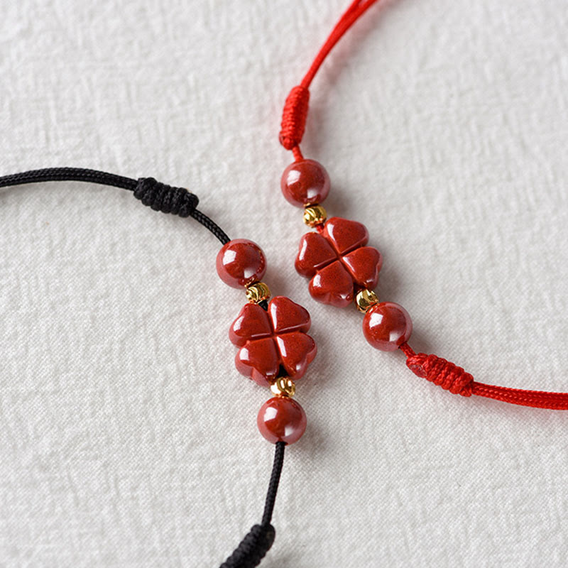 Bracelet de cheville en corde calme Buddha Stones à quatre feuilles et bénédiction en cinabre