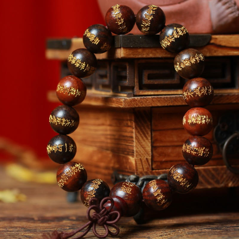 Bracelet de guérison gravé Sutra du cœur en bois de rose tibétain