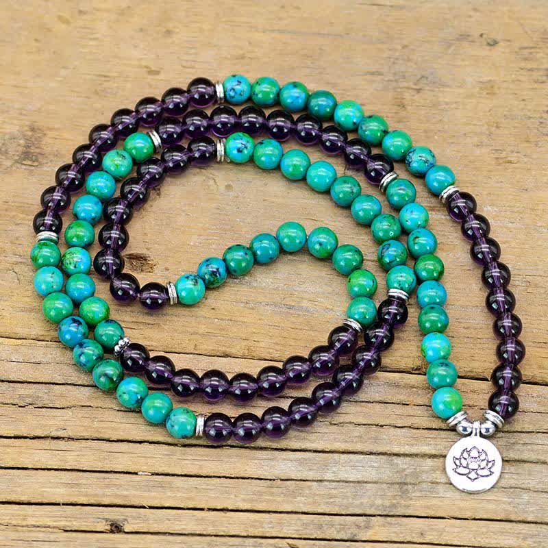 Bracelet à breloques Lotus spirituel en Buddha Stones Améthyste Aventurine verte