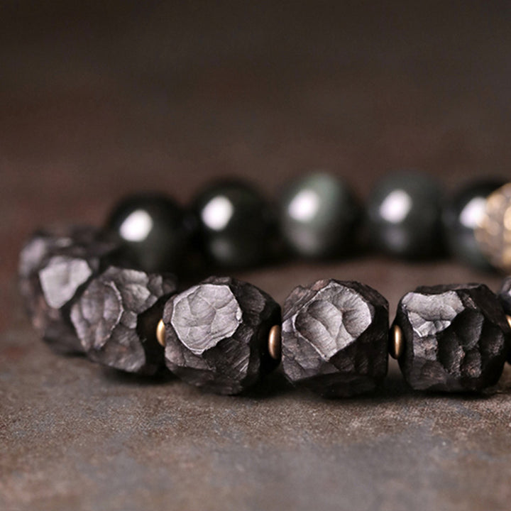Bracelet couple force cuivre pierres de Buddha Stones obsidienne noire bois d'ébène