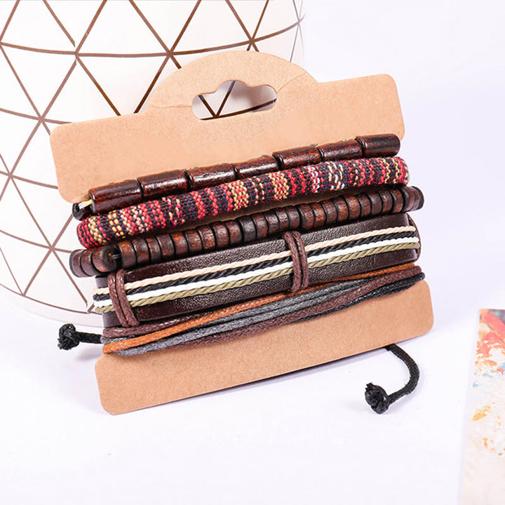 Bracelet en cuir avec cordons de chanvre et perles en bois enroulées de Buddha Stones