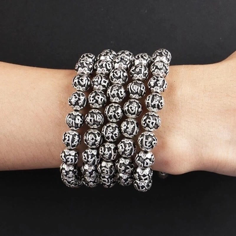 Bracelet amulette en perles en alliage sculptées avec Buddha Stones tibétaines Om Mani Padme Hum