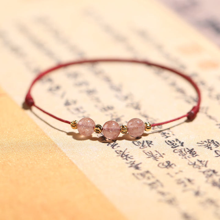 Bracelet de cheville tissé en fil rouge avec cristal de quartz fraise naturel Buddha Stones