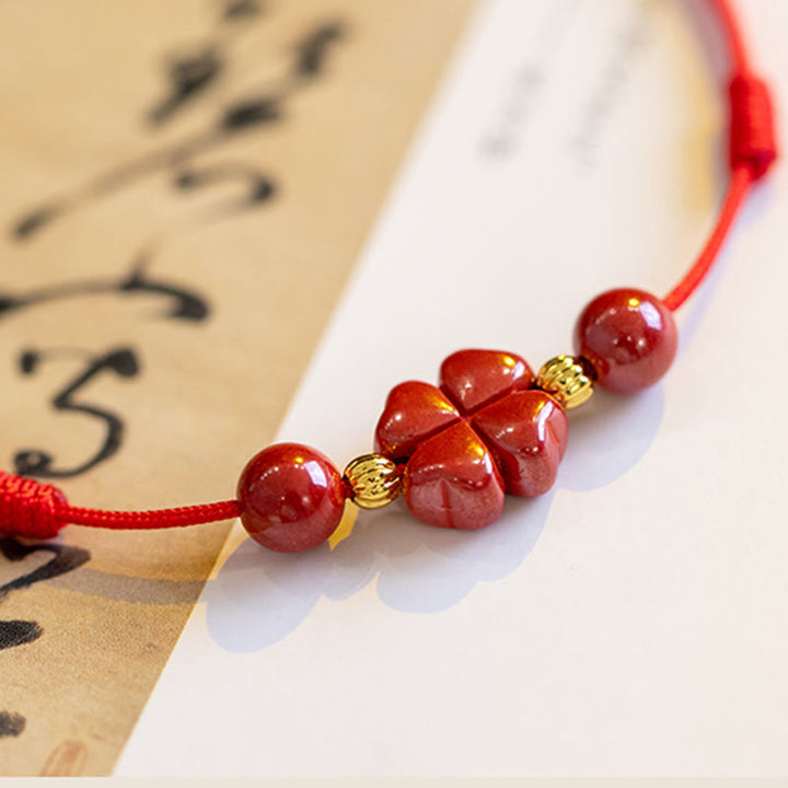 Bracelet de cheville en corde calme Buddha Stones à quatre feuilles et bénédiction en cinabre