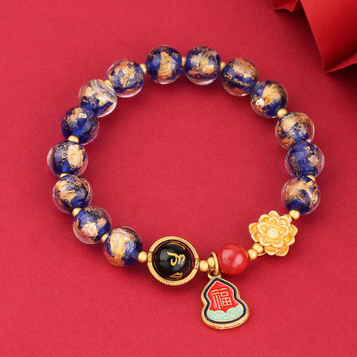 Bracelet porte-bonheur en perles de verre avec breloque en forme de gourde et de lotus Liuli, Buddha Stones tibétaines Om Mani Padme Hum Fu