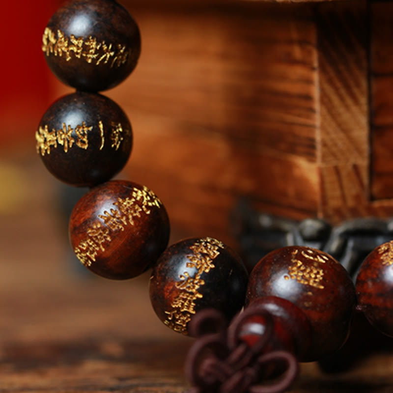 Bracelet de guérison gravé Sutra du cœur en bois de rose tibétain