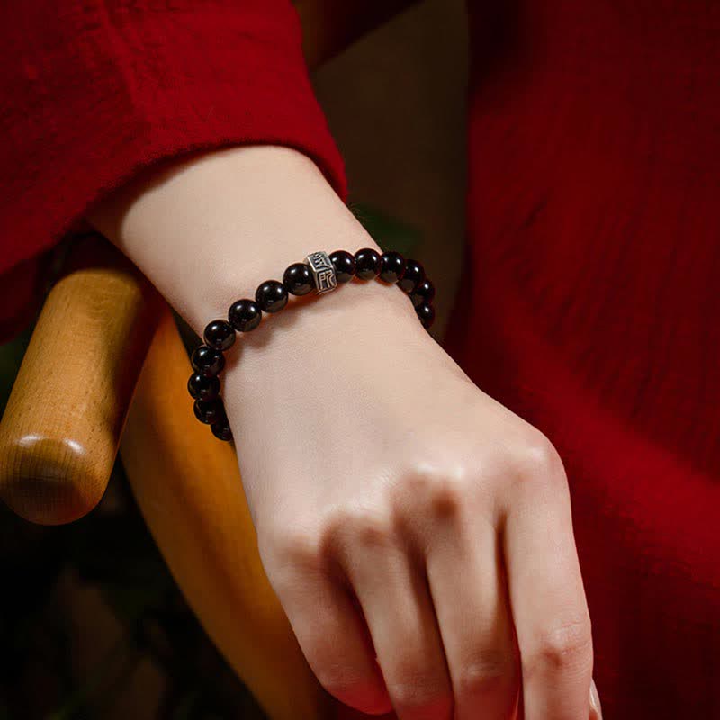 Bracelet de force en argent sterling 925 avec pierre de lune et obsidienne noire et Bouddha du zodiaque chinois