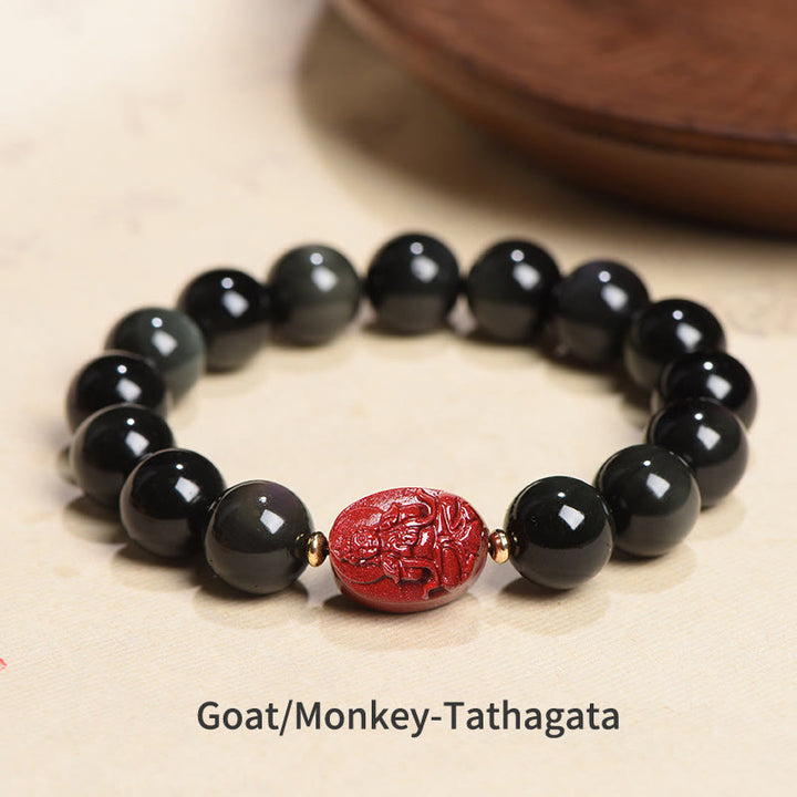 Bracelet de purification en obsidienne noire naturelle et cinabre avec Buddha Stones et zodiaque chinois