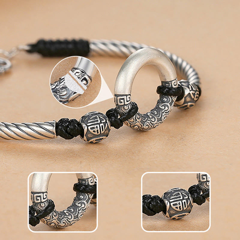 Bracelet de fortune en argent sterling 999 avec boucle de paix et personnage Fu en pièces de cuivre et pierres de Buddha Stones
