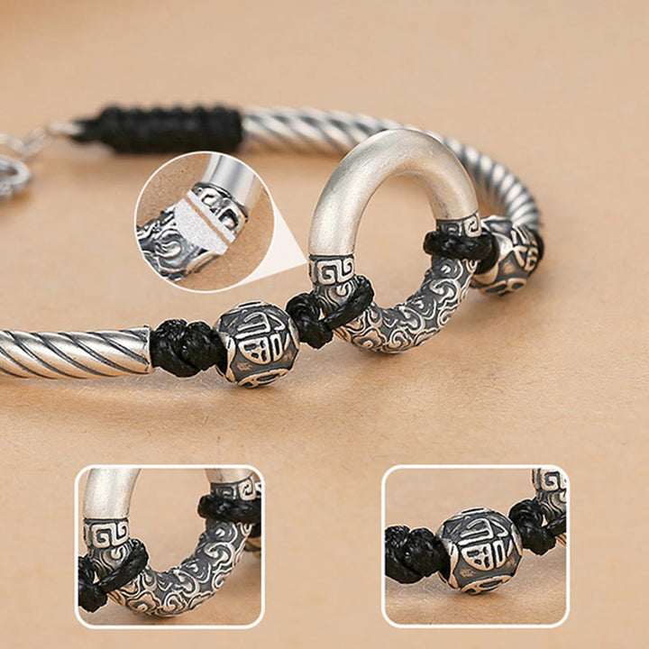 Bracelet de fortune en argent sterling 999 avec boucle de paix et personnage Fu en pièces de cuivre et pierres de Buddha Stones