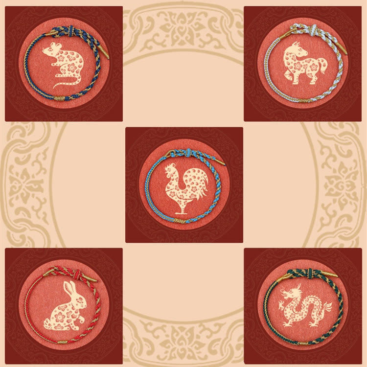 Bracelet tressé en Buddha Stones fait à la main avec symbole du zodiaque chinois, lapin, coq, rat, cheval, dragon