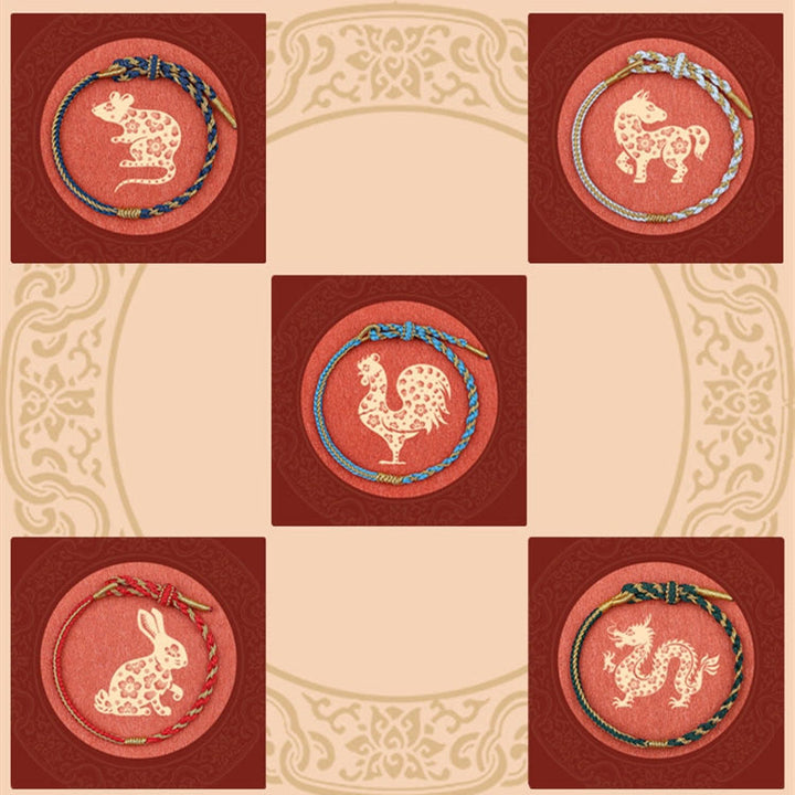 Bracelet tressé en Buddha Stones fait à la main avec symbole du zodiaque chinois, lapin, coq, rat, cheval, dragon