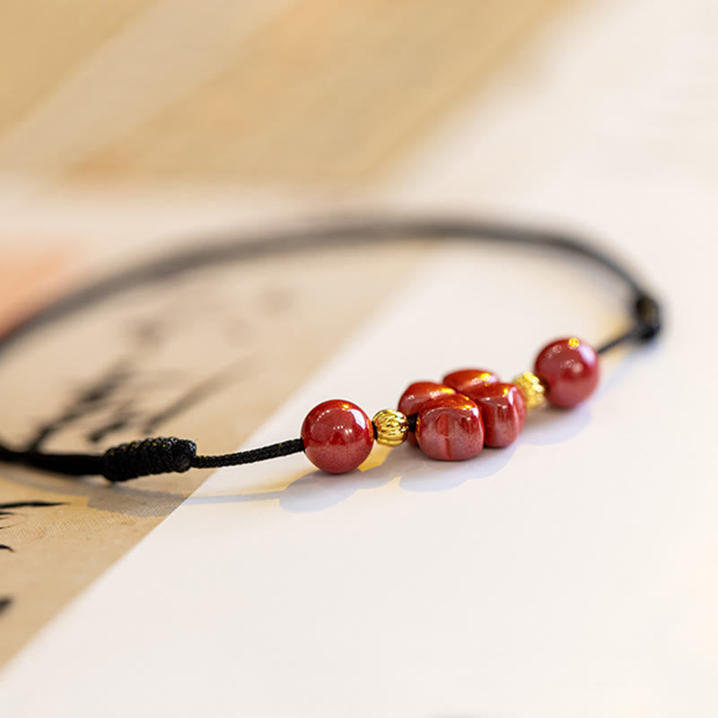 Bracelet de cheville en corde calme Buddha Stones à quatre feuilles et bénédiction en cinabre