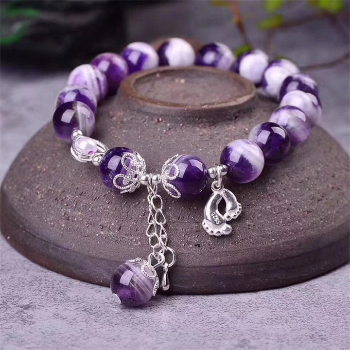 Bracelet à breloques en forme de cœur Buddha Stones en argent sterling 925 et améthyste naturelle