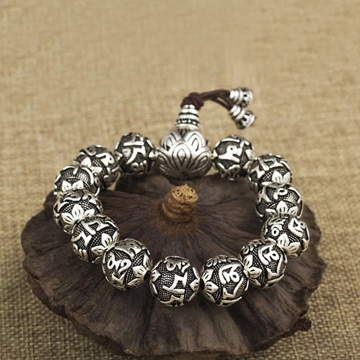 Bracelet amulette en perles en alliage sculptées avec Buddha Stones tibétaines Om Mani Padme Hum