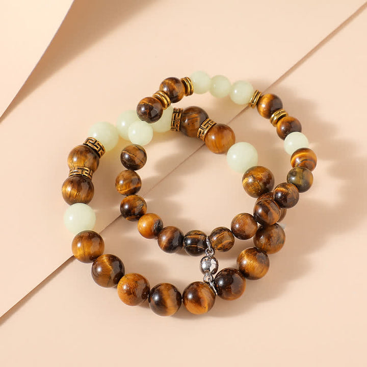Lot de 2 bracelets de protection pour couple avec perles lumineuses en œil de tigre