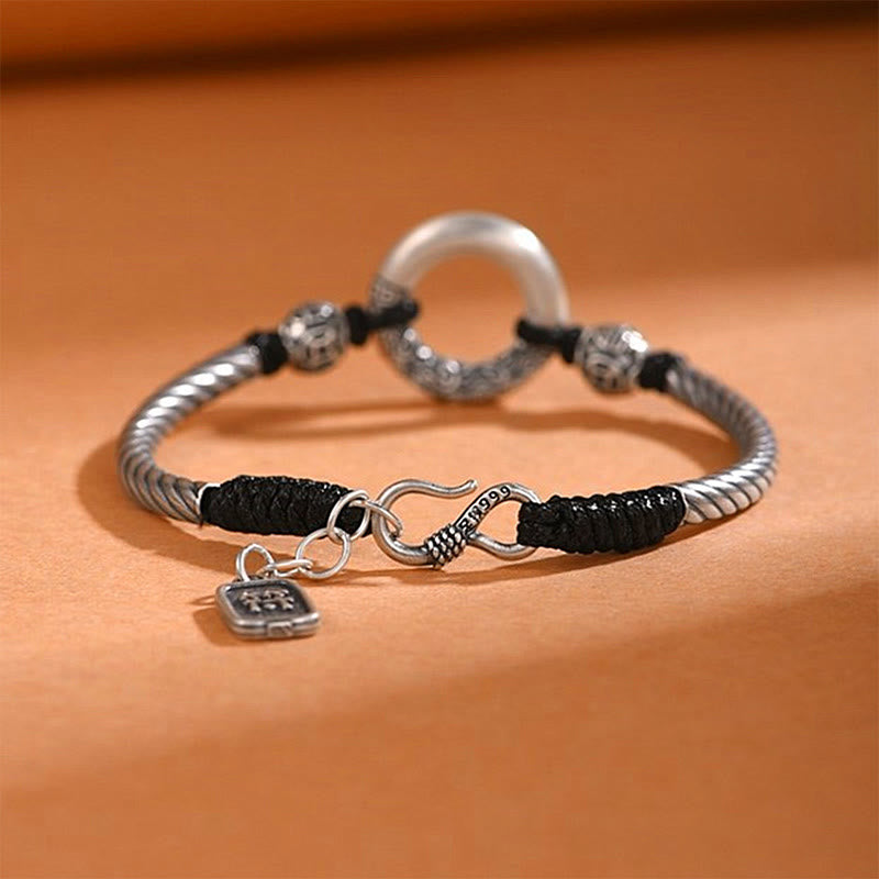 Bracelet de fortune en argent sterling 999 avec boucle de paix et personnage Fu en pièces de cuivre et pierres de Buddha Stones