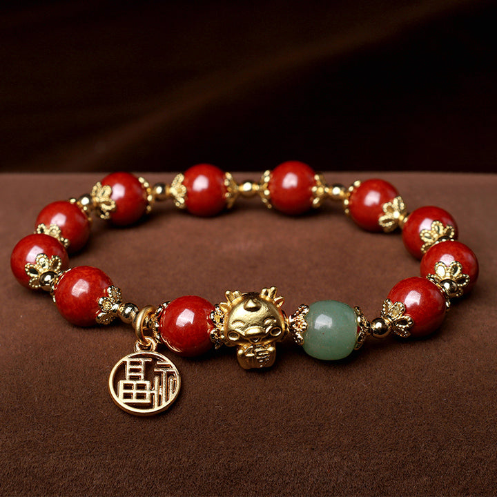 Bracelet de bénédiction avec breloque en cinabre naturel de l'année du dragon et des Buddha Stones