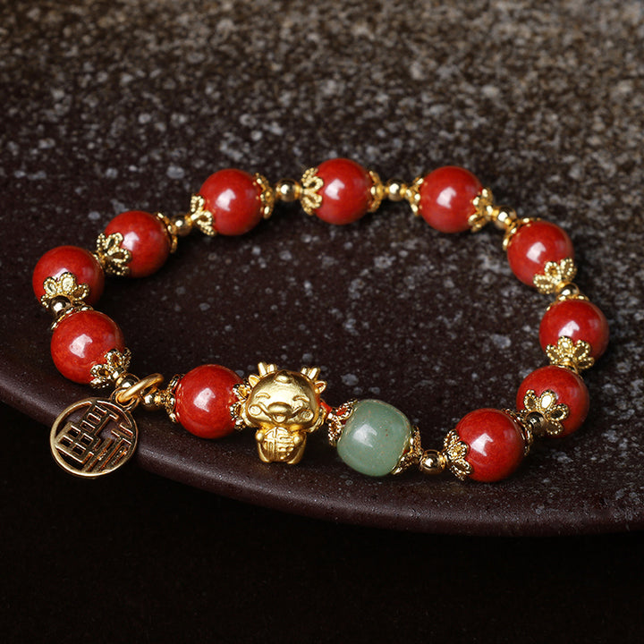 Bracelet de bénédiction avec breloque en cinabre naturel de l'année du dragon et des Buddha Stones