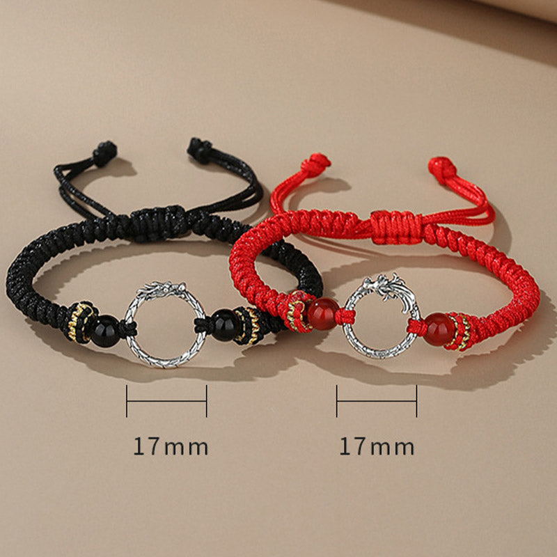 Bracelet de couple porte-bonheur en argent sterling 925 fait main avec Buddha Stones Année du Dragon Phénix Boucle de paix