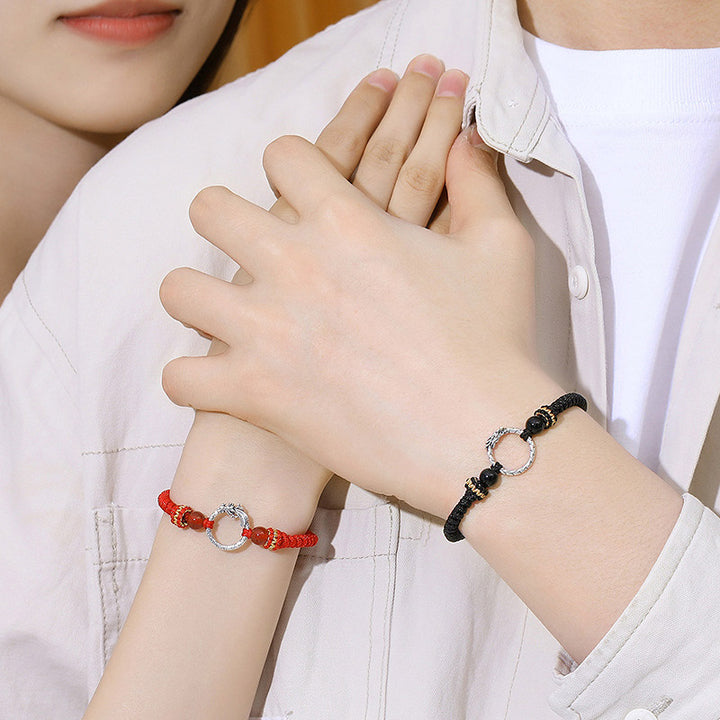 Bracelet de couple porte-bonheur en argent sterling 925 fait main avec Buddha Stones Année du Dragon Phénix Boucle de paix