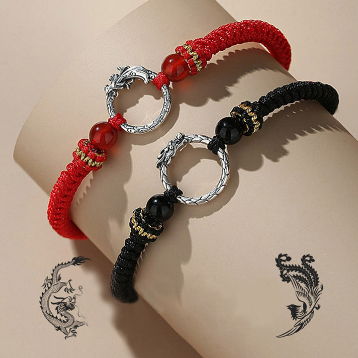 Bracelet de couple porte-bonheur en argent sterling 925 fait main avec Buddha Stones Année du Dragon Phénix Boucle de paix