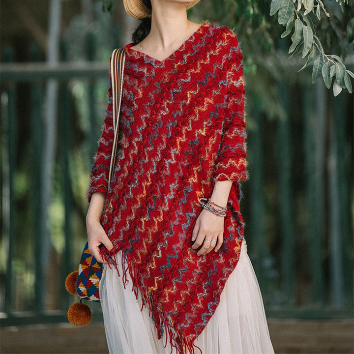 Châle rayé coloré tibétain avec Buddha Stones et pompons, pull d'hiver confortable pour voyage