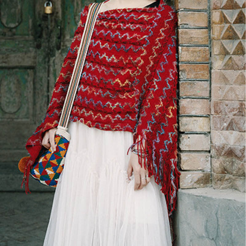 Châle rayé coloré tibétain avec Buddha Stones et pompons, pull d'hiver confortable pour voyage