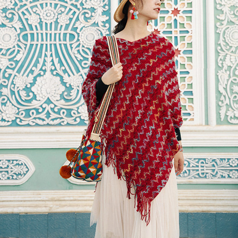 Châle rayé coloré tibétain avec Buddha Stones et pompons, pull d'hiver confortable pour voyage