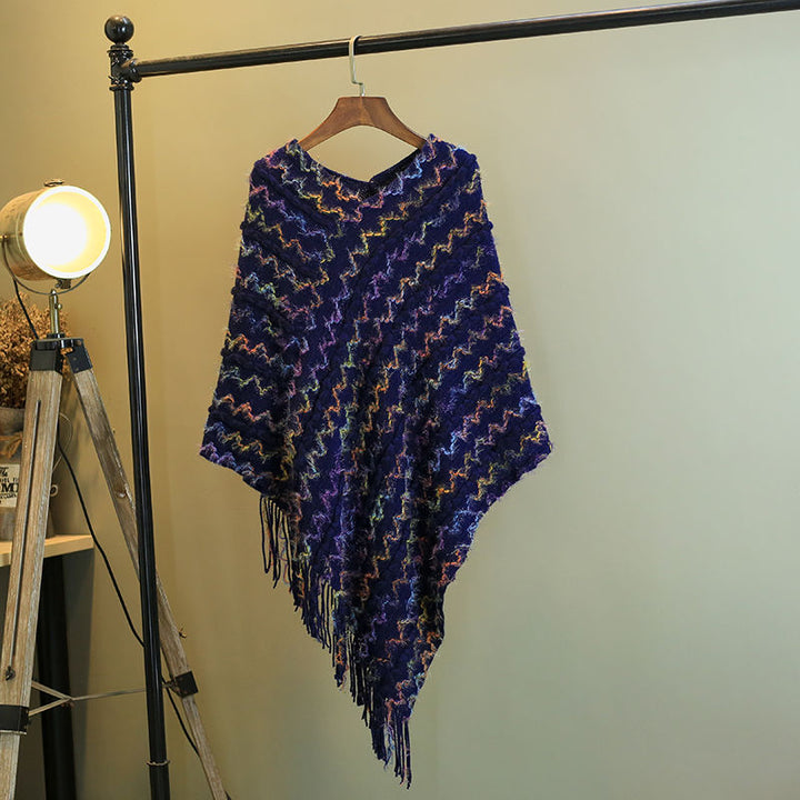 Châle rayé coloré tibétain avec Buddha Stones et pompons, pull d'hiver confortable pour voyage