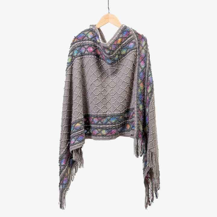 Châle à pompons à rayures colorées et motifs losanges tibétains en Buddha Stones , pull d'hiver confortable pour voyage
