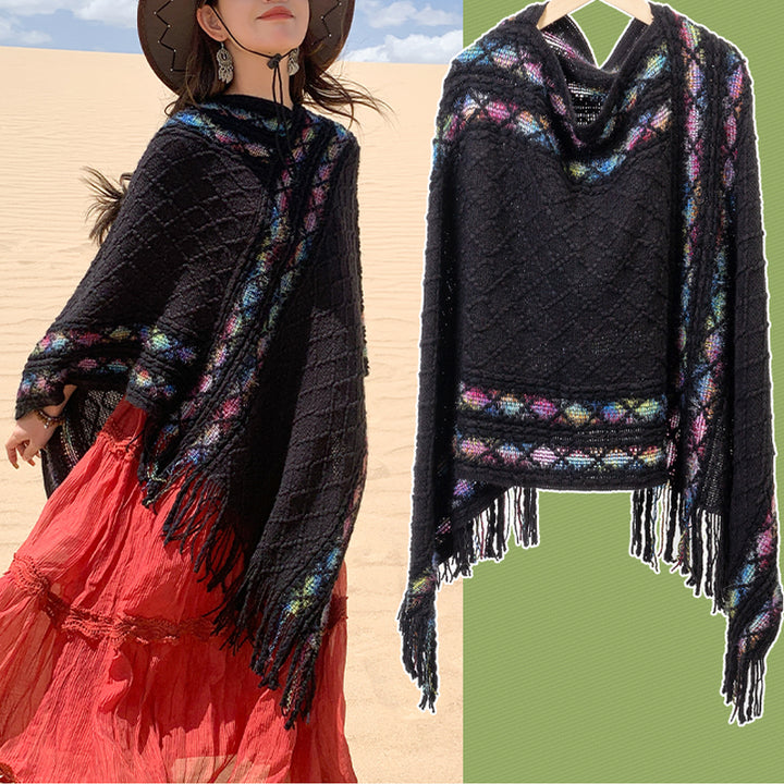 Châle à pompons à rayures colorées et motifs losanges tibétains en Buddha Stones , pull d'hiver confortable pour voyage